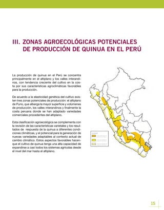 15
III.	ZONAS AGROECOLÓGICAS POTENCIALES 		
	 DE PRODUCCIÓN DE QUINUA EN EL PERÚ
La producción de quinua en el Perú se concentra
principalmente en el altiplano y los valles interandi-
nos, con tendencia creciente del cultivo en la cos-
ta por sus características agroclimáticas favorables
para la producción.
De acuerdo a la elasticidad genética del cultivo exis-
ten tres zonas potenciales de producción: el altiplano
de Puno, que alberga la mayor superficie y volúmenes
de producción, los valles interandinos y finalmente la
costa peruana donde se han adaptado variedades
comerciales procedentes del altiplano.
Esta clasificación agroecológica se complementa con
la revisión de las características varietales y los resul-
tados de respuesta de la quinua a diferentes condi-
ciones climáticas, y el potencial para la generación de
nuevas variedades adaptables al contexto actual de
cambio climático. Estos aspectos favorables hacen-
que el cultivo de quinua tenga una alta capacidad de
expandirse a casi todos los sistemas agrícolas desde
el nivel del mar hasta el altiplano.
Zonas tradicionales de
producción de quinua
Zonas secundarias de
producción de quinua
Zonas de expansión en
producción de quinua
LEYENDA
 