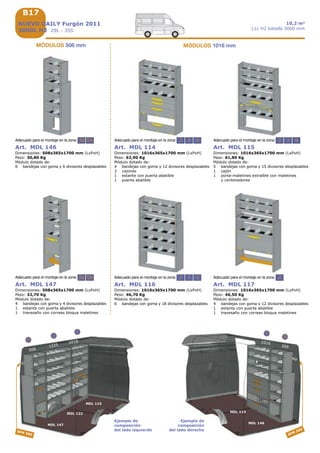 B17B17
1225
MDL 122
MDL 115
3a
3
508
5b
MDL 114
1016
MDL 147
508
2
2 3 5 2
2 3 5 2 3 5
B17
5
MDL 146
1016
3a 5b
3a 5b
SFM 300 SFM 200
Adecuado para el montaje en la zona:
10,2 m3
L1L H2 batalla 3000 mm
Ejemplo de
composición
del lado izquierdo
Ejemplo de
composición
del lado derecho
Art. MDL 116
Dimensiones: 1016x365x1700 mm (LxPxH)
Peso: 46,70 Kg
Módulo dotado de:
6 bandejas con goma y 18 divisores desplazables
Adecuado para el montaje en la zona:
Art. MDL 117
Dimensiones: 1016x365x1700 mm (LxPxH)
Peso: 46,50 Kg
Módulo dotado de:
4 bandejas con goma y 12 divisores desplazables
1 estante con puerta abatible
1 travesaño con correas bloqua maletines
Art. MDL 114
Dimensiones: 1016x365x1700 mm (LxPxH)
Peso: 62,90 Kg
Módulo dotado de:
4 bandejas con goma y 12 divisores desplazables
2 cajones
1 estante con puerta abatible
1 puerta abatible
Adecuado para el montaje en la zona:
Art. MDL 115
Dimensiones: 1016x365x1700 mm (LxPxH)
Peso: 61,80 Kg
Módulo dotado de:
5 bandejas con goma y 15 divisores desplazables
1 cajón
1 porta-maletines extraíble con maletines
y contenedores
Adecuado para el montaje en la zona:
MÓDULOS 1016 mm
NUEVO DAILY Furgón 2011
3000L H2 29L - 35S
Art. MDL 146
Dimensiones: 508x365x1700 mm (LxPxH)
Peso: 30,80 Kg
Módulo dotado de:
6 bandejas con goma y 6 divisores desplazables
Adecuado para el montaje en la zona:
Art. MDL 147
Dimensiones: 508x365x1700 mm (LxPxH)
Peso: 32,70 Kg
Módulo dotado de:
4 bandejas con goma y 4 divisores desplazables
1 estante con puerta abatible
1 travesaño con correas bloqua maletines
Adecuado para el montaje en la zona:
MÓDULOS 508 mm
 