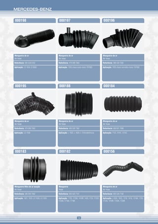 MERCEDES-BENZ


000198                                    000197                                              000196




Mangueira de ar                           Mangueira de ar                                     Mangueira de ar
Air hose                                  Air hose                                            Air hose

Referência: 695 528 0182                  Referência: 476 098 7083                            Referência: 388 528 7282

Aplicação: LS 1634, O 500U                Aplicação: 1935 chassi preto motor 707083           Aplicação: 1935 chassi vermelho motor 707082




000195                                    000188                                              000184




Mangueira de ar                           Mangueira de ar                                     Mangueira de ar
Air hose                                  Air hose                                            Air hose

Referência: 476 098 7583                  Referência: 695 528 7382                            Referência: 688 831 7088

Aplicação: LS 1938                        Aplicação: L 1622, L 1620, L 1318 eletrônicos       Aplicação: 712C, 914C, 1215C




000183                                    000182                                              000156




Mangueira filtro de ar sucção             Mangueira                                           Mangueira de ar
Air hose                                  Hose                                                Air hose

Referência: 386 094 7082                  Referência: 693 520 7101                            Referência: 695 528 7182

Aplicação: 1621, 1625, LS 1630, LS 1935   Aplicação: 1720, 1720K, 1418R, 1420, 1723, 1723S,   Aplicação: L1620, 1623, 1218, 1418, 1218K, 1720,
                                          1720A, 1718A, 1718K                                 1723S, 1418R, 1720A, 1720K




                                                                  14
 