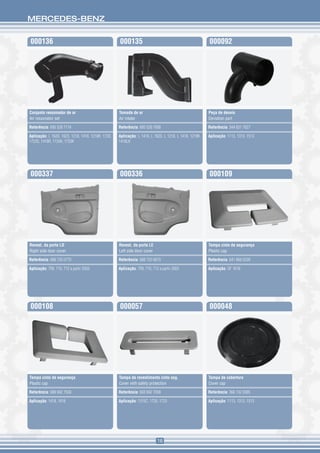 MERCEDES-BENZ


000136                                              000135                                              000092




Conjunto ressonador de ar                           Tomada de ar                                        Peça de desvio
Air ressonator set                                  Air intake                                          Deviation part

Referência: 695 528 7114                            Referência: 695 528 7008                            Referência: 344 831 7027

Aplicação: L 1620, 1623, 1218, 1418, 1218K, 1720,   Aplicação: L 1418, L 1620, L 1218, L 1418, 1218K,   Aplicação: 1113, 1313, 1513
1723S, 1418R, 1720A, 1720K                          1418LK




000337                                              000336                                              000109




Revest. da porta LD                                 Revest. da porta LE                                 Tampa cinto de segurança
Right side door cover                               Left side door cover                                Plastic cap

Referência: 688 720 0770                            Referência: 688 720 0670                            Referência: 641 868 0339

Aplicação: 709, 710, 712 a partir 2003              Aplicação: 709, 710, 712 a partir 2003              Aplicação: OF 1618




000108                                              000057                                              000048




Tampa cinto de segurança                            Tampa de revestimento cinto seg.                    Tampa de cobertura
Plastic cap                                         Cover with safety protection                        Cover cap

Referência: 688 692 7558                            Referência: 693 692 7058                            Referência: 366 132 0385

Aplicação: 1418, 1618                               Aplicação: 1215C, 1720, 1723                        Aplicação: 1113, 1313, 1513




                                                                            16
 