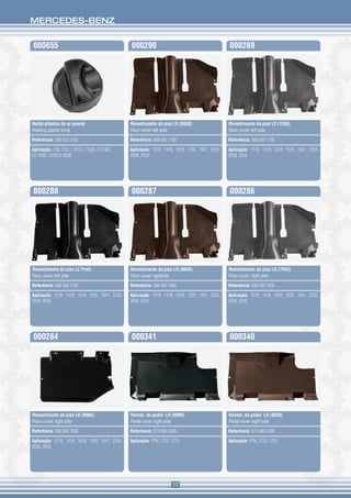 MERCEDES-BENZ


000655                                           000290                                           000289




Botão plástico do ar quente                      Revestimento do piso LE (8650)                   Revestimento do piso LE (7555)
Heating plastic knob                             Floor cover left side                            Floor cover left side

Referência: 000 822 0102                         Referência: 688 680 7706                         Referência: 688 680 7706

Aplicação: 709, 710, L 1618, L 1620, LS 1941,    Aplicação: 1218, 1418, 1618, 1935, 1941, 2335,   Aplicação: 1218, 1418, 1618, 1935, 1941, 2335,
LS 1938, L/LK/LS 2638                            2638, 2635                                       2638, 2635




000288                                           000287                                           000286




Revestimento do piso LE Preto                    Revestimento do piso LD (8650)                   Revestimento do piso LD (7555)
Floor cover left side                            Floor cover rightside                            Floor cover right side

Referência: 688 680 7706                         Referência: 688 680 7806                         Referência: 688 680 7806

Aplicação: 1218, 1418, 1618, 1935, 1941, 2335,   Aplicação: 1218, 1418, 1618, 1935, 1941, 2335,   Aplicação: 1218, 1418, 1618, 1935, 1941, 2335,
2638, 2635                                       2638, 2635                                       2638, 2635




000284                                           000341                                           000340




Revestimento do piso LD (9985)                   Revest. do pedal LD (9985)                       Revest. do pedal LD (8650)
Floor cover right side                           Pedal cover right side                           Pedal cover right side

Referência: 688 680 7806                         Referência: 673 680 0306                         Referência: 673 680 0306

Aplicação: 1218, 1418, 1618, 1935, 1941, 2335,   Aplicação: FPN, 1720, 1723                       Aplicação: FPN, 1720, 1723
2638, 2635




                                                                       17
 