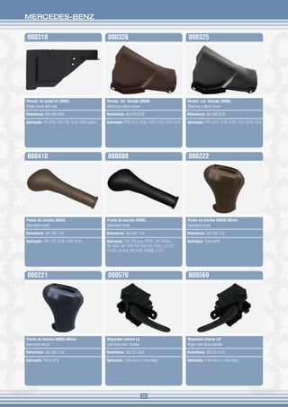 MERCEDES-BENZ


000310                                            000326                                              000325




Revest. do pedal LE (9985)                        Revest. col. direção (8650)                         Revest. col. direção (9985)
Pedal cover left side                             Steering collum cover                               Steering collum cover

Referência: 688 688 8906                          Referência: 682 688 8706                            Referência: 682 688 8706

Aplicação: LN, HPN, HSK 709, 1618, 1935 Lateral   Aplicação: FPN 1214, 1218, 1720, 1723, 2318, 1418   Aplicação: FPN 1214, 1218, 1720, 1723, 2318, 1418




000410                                            000080                                              000222




Punho da marcha (8650)                            Punho da marcha (9985)                              Punho da marcha (8650) 69mm
Gearstick knob                                    Gearstick knob                                      Gearstick knob

Referência: 364 268 7142                          Referência: 364 268 7142                            Referência: 386 268 7142

Aplicação: 709, 710, 1218, 1418, 1618             Aplicação: 710, 710 plus, 1215C, OH 1623LG,         Aplicação: Todos HPN
                                                  OH 1628, OH 1318, OH 1520, OH 1315L, LO 712,
                                                  LO 812, LO 814, OH 1420, O 500R, O 371




000221                                            000570                                              000569




Punho da marcha (9985) 69mm                       Maçaneta interna LE                                 Maçaneta interna LD
Gearstick knob                                    Left side door handle                               Right side door handle

Referência: 386 268 7142                          Referência: 000 723 0035                            Referência: 000 723 0135

Aplicação: Todos HPN                              Aplicação: Linha Axor e Linha Atego                 Aplicação: Linha Axor e Linha Atego




                                                                          20
 