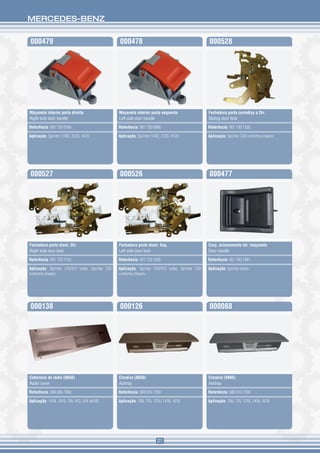 MERCEDES-BENZ


000479                                            000478                                            000528




Maçaneta interior porta direita                   Maçaneta interior porta esquerda                  Fechadura porta corrediça a Dir.
Right side door handle                            Left side door handle                             Sliding door lock

Referência: 901 720 0166                          Referência: 901 720 0066                          Referência: 901 730 1335

Aplicação: Sprinter 310D, 312D, 412D              Aplicação: Sprinter 310D, 312D, 412D              Aplicação: Sprinter CDI conforme chassis




000527                                            000526                                            000477




Fechadura porta diant. Dir.                       Fechadura porta diant. Esq.                       Conj. acionamento int. maçaneta
Right side door lock                              Left side door lock                               Door handle

Referência: 901 720 1135                          Referência: 901 720 1035                          Referência: 901 760 1361

Aplicação: Sprinter 310/312 todas. Sprinter CDI   Aplicação: Sprinter 310/312 todas. Sprinter CDI   Aplicação: Sprinter todos
conforme chassis                                  conforme chassis




000138                                            000126                                            000088




Cobertura do rádio (8650)                         Cinzeiro (8650)                                   Cinzeiro (9985)
Radio cover                                       Ashtray                                           Ashtray

Referência: 384 689 7008                          Referência: 688 810 7330                          Referência: 688 810 7330

Aplicação: 1418, 1618, 709, 912, 914 até 95       Aplicação: 709, 710, 1218, 1418, 1618             Aplicação: 709, 710, 1218, 1418, 1618




                                                                         21
 