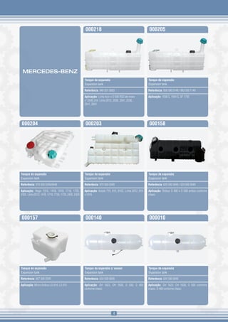 000218                                              000205




 MERCEDES-BENZ
                                                       Tanque de expansão                                  Tanque de expansão
                                                       Expansion tank                                      Expansion tank

                                                       Referência: 940 501 0003                            Referência: 958 500 0149 / 693 500 7149

                                                       Aplicação: Linha Axor e O 500 RSD até motor         Aplicação: 1938 S, 1944 S, OF 1730
                                                       nº D645.244. Linha 2012, 2036, 2041, 2536,
                                                       2541, 2641




000204                                                 000203                                              000158




Tanque de expansão                                     Tanque de expansão                                  Tanque de expansão
Expansion tank                                         Expansion tank                                      Expansion tank

Referência: 970 500 0349/0449                          Referência: 979 500 0349                            Referência: 629 500 0849 / 629 500 0049

Aplicação: Atego 1315, 1418, 1518, 1718, 1725,         Aplicação: Accelo 715, 915, 915C. Linha 2012, 815   Aplicação: Ônibus O 400 e O 500 ambos conforme
2425. Linha 2012, 1419, 1719, 1726, 1729, 2426, 2429   e 1016                                              chassi




000157                                                 000140                                              000010




Tanque de expansão                                     Tanque de expansão c/ sensor                        Tanque de expansão
Expansion tank                                         Expansion tank                                      Expansion tank

Referência: 667 500 0349                               Referência: 634 500 0049                            Referência: 634 500 0049

Aplicação: Micro-ônibus LO 914, LO 915                 Aplicação: OH 1623, OH 1628, O 500, O 400           Aplicação: OH 1623, OH 1628, O 500 conforme
                                                       conforme chassi                                     chassi, O 400 conforme chassi




                                                                               4
 
