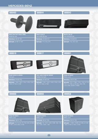 MERCEDES-BENZ


000482                                                000044                                               000043




Botão trava forro menor (7555)                        Bocal p/ pes LE                                      Bocal p/ pes LD
Small liner lock                                      Foot noozle left side                                Foot noozle left side

Referência: 688 990 7092                              Referência: 344 838 0119                             Referência: 344 838 0019

Aplicação: LN 709 / LS 1632                           Aplicação: 1113, 1313, 1513                          Aplicação: 1113, 1313, 1513




000616                                                000617                                               000061




Grade frontal do radiador                             Conj. grade frontal do radiador                      Tampa de bateria
Front grid                                            Radiator front grid                                  Battery cover

Referência: 694 880 0185                              Referência: 694 880 0185                             Referência: 384 541 7803

Aplicação: L 1620, L 1622, L 1418, L 1218, L 1618,    Aplicação: L 1620, L 1622, L 1418, L 1218, L 1618,   Aplicação: 1215C, 1718M, L 1218, L 1418, LK 1218,
L 1621, LS 1634, LS 1938                              L 1621, LS 1634, LS 1938                             L1622, L/LS 1938, LS 1634 eletr., 2428, 1728,
                                                                                                           L/LK/LS 2638, 2423B/K, 2726B/K




000060                                                000059                                               000058




Tampa de bateria                                      Tampa de bateria                                     Tampa de bateria
Battery cover                                         Battery cover                                        Battery cover

Referência: 388 541 7303                              Referência: 384 541 7903                             Referência: 695 541 7103

Aplicação: 710, 715, 915, 712, 712C, 914C, LS 1630,   Aplicação: 710, 1214C, 1214K, 1418R, 1420, 1720,     Aplicação: L 1218R, L 1418R, LK 1218R, LK 1418R,
LS 1941, L/LK/LS 2635, LS 1935                        1723, 1723S, 1720K, L 1620                           L 1620, LK 1620, LS 1632, LS 1634




                                                                              23
 