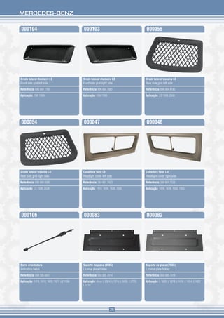 MERCEDES-BENZ


000104                                       000103                                             000055




Grade lateral dianteira LE                   Grade lateral dianteira LD                         Grade lateral traseira LE
Front side grid left side                    Front side grid right side                         Rear side grid left side

Referência: 696 884 7785                     Referência: 696 884 7885                           Referência: 696 884 8185

Aplicação: HSK 1938                          Aplicação: HSK 1938                                Aplicação: LS 1938, 2638




000054                                       000047                                             000046




Grade lateral traseira LD                    Cobertura farol LE                                 Cobertura farol LD
Rear side grid right side                    Headlight cover left side                          Headlight cover right side

Referência: 696 884 8085                     Referência: 384 881 7423                           Referência: 384 881 7523

Aplicação: LS 1938, 2638                     Aplicação: 1418, 1618, 1630, 1935                  Aplicação: 1418, 1618, 1630, 1935




000106                                       000083                                             000082




Barra orientadora                            Suporte da placa (9985)                            Suporte da placa (7555)
Indication beam                              License plate holder                               License plate holder

Referência: 694 595 0001                     Referência: 693 885 7014                           Referência: 693 885 7014

Aplicação: 1418, 1618, 1620, 1621, LS 1938   Aplicação: Atron L 2324, L 1319, L 1635, L 2729,   Aplicação: L 1620, L 1318, L1418, L 1634, L 1622
                                             L 1719




                                                                     26
 