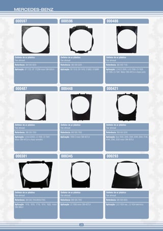 MERCEDES-BENZ


000597                                           000596                                        000486




Defletor de ar plástico                          Defletor de ar plástico                       Defletor de ar plástico
Fan shroud                                       Fan shroud                                    Fan shroud

Referência: 384 505 0255                         Referência: 382 505 0255                      Referência: 382 505 7155

Aplicação: OF 1722, OF 1722M motor OM-924LA      Aplicação: OH 1518, OH 1418, O 500U, O 500M   Aplicação: L/LK/LS 2635, L/LS 1938, LS 1929,
                                                                                               LS 1935, LS 1941. Motor OM-447LA e chassi preto




000487                                           000448                                        000421




Defletor de ar plástico                          Defletor de ar plástico                       Defletor de ar plástico
Fan shroud                                       Fan shroud                                    Fan shroud

Referência: 388 505 7055                         Referência: 693 505 7055                      Referência: 958 505 0255

Aplicação: L/LK/LS2635, LS 1935, LS 1941.        Aplicação: 1938 S motor OM-457LA              Aplicação: Axor 2035, 2040, 2540, 2044, 2644, 4140,
Motor OM-447LA e chassi vermelho                                                               4144, 3340, 2535 motor OM-457LA




000381                                           000345                                        000293




Defletor de ar plástico                          Defletor de ar plástico                       Defletor de ar plástico
Fan shroud                                       Fan shroud                                    Fan shroud

Referência: 384 505 7055/8055/7955               Referência: 696 505 7055                      Referência: 695 505 0055

Aplicação: 1418, 1618, 1718, 1614, 1620, motor   Aplicação: LS 1938 motor OM-457LA             Aplicação: L/LS 1634 mec., LS 1634 eletrônico
OM-366LA




                                                                       28
 