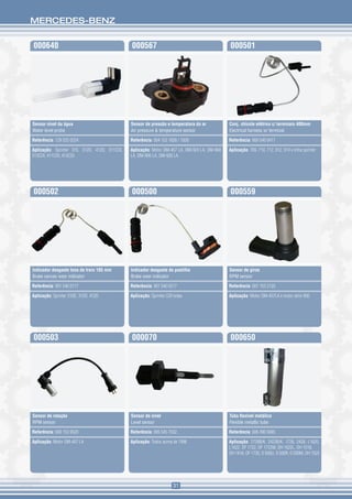MERCEDES-BENZ


000640                                         000567                                          000501




Sensor nível da água                           Sensor de pressão e temperatura do ar           Conj. chicote elétrico c/ terminais 400mm
Water level probe                              Air pressure & temperature sensor               Electrical harness w/ terminal

Referência: 129 525 0224                       Referência: 004 153 1828 / 1928                 Referência: 669 540 0417

Aplicação: Sprinter 310, 312D, 412D, 311CDI,   Aplicação: Motor OM-457 LA, OM-924 LA, OM-904   Aplicação: 709, 710, 712, 912, 914 e linha sprinter
313CDI, 411CDI, 413CDI                         LA, OM-906 LA, OM-926 LA




000502                                         000500                                          000559




Indicador desgaste lona de freio 185 mm        Indicador desgaste de pastilha                  Sensor de giros
Brake canvas wear indicator                    Brake wear indicator                            RPM sensor

Referência: 901 540 0117                       Referência: 901 540 0217                        Referência: 001 153 2120

Aplicação: Sprinter 310D, 312D, 412D           Aplicação: Sprinter CDI todas                   Aplicação: Motor OM-457LA e motor série 900




000503                                         000070                                          000650




Sensor de rotação                              Sensor de nível                                 Tubo flexível metálico
RPM sensor                                     Level sensor                                    Flexible metallic tube

Referência: 000 153 9520                       Referência: 695 545 7032                        Referência: 695 490 0065

Aplicação: Motor OM-457 LA                     Aplicação: Todos acima de 1996                  Aplicação: 2726B/K, 2423B/K, 1728, 2428, L1620,
                                                                                               L1622. OF 1722, OF 1722M, OH 1622L, OH 1518,
                                                                                               OH 1418, OF 1730, O 500U, O 500R, O 500M, OH 1525




                                                                      31
 