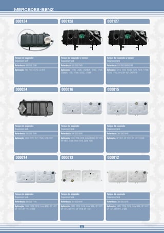 MERCEDES-BENZ


000134                                             000128                                               000127




Tanque de expansão                                 Tanque de expansão c/ sensor                         Tanque de expansão s/ sensor
Expansion tank                                     Expansion tank                                       Expansion tank

Referência: 688 500 7249                           Referência: 693 500 7049                             Referência: 674 500 0049/0149

Aplicação: 709, 710, LO 712, LO 812                Aplicação: 1728, 2428, 2423B/K, 914C, 712C,          Aplicação: 1214, 1218, 1214K, 1414, 1418, 1718K,
                                                   2726B/K, 1720, 1718A, 1215C, 1718M                   1721S, 1718, 2414, OH 1621, OH 1418




000024                                             000016                                               000015




Tanque de expansão                                 Tanque de expansão                                   Tanque de expansão
Expansion tank                                     Expansion tank                                       Expansion tank

Referência: 345 500 7649                           Referência: 696 500 0049                             Referência: 384 500 8949

Aplicação: 2020, 1519, 1517, 1524, 1318, 1317      Aplicação: 1634, 1938, 2238, linha M2000, OH 1418,   Aplicação: OF 1417, OF 1721, OH 1417, O 500
                                                   OH 1421, O 500. Atron 1319, 2324, 1635




000014                                             000013                                               000012




Tanque de expansão                                 Tanque de expansão                                   Tanque de expansão
Expansion tank                                     Expansion tank                                       Expansion tank

Referência: 696 500 7149                           Referência: 384 500 8449                             Referência: 384 500 8249

Aplicação: 1634, 1938, 2218, linha M96, OF 1417,   Aplicação: 1620, 1218, 1418, linha M96, OF 1417,     Aplicação: 1620, 1218, 1418, linha M96, OF 1417,
OF 1721, OH 1417, O 500                            OF 1721, OH 1417, OF 1418, OF 1722                   OF 1721, OH 1417, O 500




                                                                           5
 