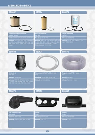 MERCEDES-BENZ


000662                                                   000674                                               000671




Elemento filtrante de combustível                        Filtro de combustível                                Filtro de combustível
Fuel filter element                                      Fuel filter                                          Fuel filter
Referência: 000 090 1251 / 906 092 0505 / 000 090 1551   Referência: 000 180 1709                             Referência: 376 092 7001

Aplicação: 712C, 914C, 915C, 1215C, Linha Atego,         Aplicação: Atego 1725, 1728, 2425, 2428, Axor 1933   Aplicação: OF 1721, 1420, L/LK 1620, L 1714,
Axor 1933, Axor 2533, 2826, Axor 2831, 915e, 1318,       S, 2533, 2826, 2831, L 1620, L 1723, 1728, 2428,     1720 K, 1720 A, 1723 S
1418L, 1620L, 1622L, 1718M, 1723L, 1728, 2428,           2423B/K todos com motor OM-906LA, O 500M,
2423B/K                                                  O 500R, O 500U, OF 1721, OF 1722




000030                                                   000174                                               000175




Válvula de pó                                            Mangueira cristal 3/16” x 1,0mm - 3mts               Mangueira cristal 3/16” x 1,0mm
Dust valve                                               Hose                                                 Hose

Referência: 000 094 3665                                 Referência: 331 869 7494 / 350 869 7194              Referência: 50 metros

Aplicação: LK 1418R, LK 1620, L 1620, LK 1218R,          Aplicação: Caminhões e ônibus                        Aplicação: Caminhões e ônibus
L 1218R, L 1418R, 2423B/K, 1728, 2428, 2726B/K,
1720, 1723, 1418R, 1420, 1718, 1720A, 1718A




000073                                                   000100                                               000040




Capa potetora de cabos                                   Suporte                                              Abafador
Cable guard                                              Holder                                               Damper

Referência: 688 546 7030                                 Referência: 673 501 0620                             Referência: 957 130 0007

Aplicação: 1418, 1618, 1620, 1630, 709, 608              Aplicação: 1720, 1721                                Aplicação: L 1620




                                                                                 33
 