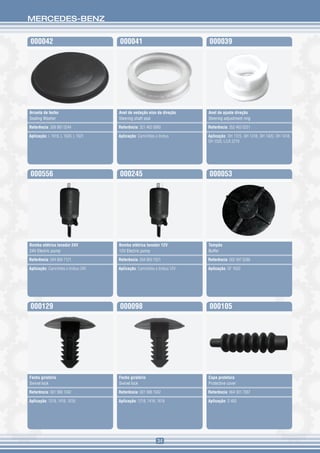 MERCEDES-BENZ


000042                              000041                              000039




Arruela de fecho                    Anel de vedação eixo da direção     Anel de ajuste direção
Sealing Washer                      Steering shaft seal                 Steering adjustment ring

Referência: 309 987 0244            Referência: 321 462 0060            Referência: 352 462 0251

Aplicação: L 1618, L 1620, L 1621   Aplicação: Caminhões e ônibus       Aplicação: OH 1315, OH 1318, OH 1420, OH 1418,
                                                                        OH 1520, L/LK 2219




000556                              000245                              000053




Bomba elétrica lavador 24V          Bomba elétrica lavador 12V          Tampão
24V Electric pump                   12V Electric pump                   Buffer

Referência: 694 869 7121            Referência: 694 869 7021            Referência: 002 997 6286

Aplicação: Caminhões e ônibus 24V   Aplicação: Caminhões e ônibus 12V   Aplicação: OF 1620




000129                              000098                              000105




Fecho giratório                     Fecho giratório                     Capa protetora
Swivel lock                         Swivel lock                         Protective cover

Referência: 001 988 1042            Referência: 001 988 1042            Referência: 664 301 7097

Aplicação: 1218, 1418, 1618         Aplicação: 1218, 1418, 1618         Aplicação: O 400




                                                          34
 