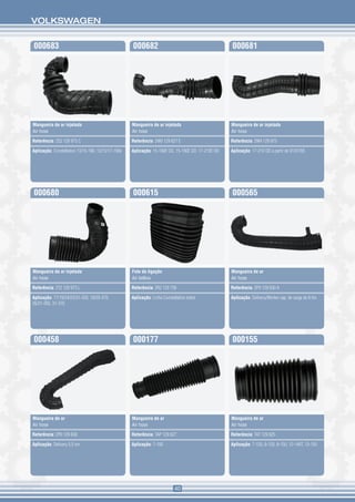 VOLKSWAGEN


000683                                              000682                                          000681




Mangueira de ar injetada                            Mangueira de ar injetada                        Mangueira de ar injetada
Air hose                                            Air hose                                        Air hose

Referência: 2S2 129 973 C                           Referência: 2W0 129 627 E                       Referência: 2W4 129 973

Aplicação: Constellation 13/15-180, 13/15/17-190e   Aplicação: 15-180E OD, 15-190E OD, 17-210E OD   Aplicação: 17-210 OD a partir de 01/07/05




000680                                              000615                                          000565




Mangueira de ar injetada                            Fole de ligação                                 Mangueira de ar
Air hose                                            Air bellow                                      Air hose

Referência: 2T2 129 973 L                           Referência: 2R2 129 739                         Referência: 2P0 129 630 A

Aplicação: 17/19/24/25/31-320, 19/25-370,           Aplicação: Linha Constellation todos            Aplicação: Delivery/Worker cap. de carga de 8 ton
26/31-260, 31-370




000458                                              000177                                          000155




Mangueira de ar                                     Mangueira de ar                                 Mangueira de ar
Air hose                                            Air hose                                        Air hose

Referência: 2P0 129 630                             Referência: TAP 129 627                         Referência: TAT 129 625

Aplicação: Delivery 5,5 ton                         Aplicação: 7-100                                Aplicação: 7-120, 8-120, 8-150, 12-140T, 13-150




                                                                            40
 