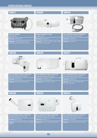 MERCEDES-BENZ


000011                                              000009                                          000648




Tanque de expansão                                  Tanque de expansão c/ sensor                    Conj. reservatório de água c/ bomba 12V
Expansion tank                                      Expansion tank                                  Windshield wiper tank w/ 12v pump

Referência: 384 500 7149                            Referência: 382 500 7449                        Referência: 694 860 7060

Aplicação: L 2318, L/B/K 2325, L/K 1929,            Aplicação: OH 1623, OH 1628, O 500 conforme     Aplicação: Caminhões 12V
L/LK/LS 2635, 1418, 1218, 1630, 1618, 1935          chassi, O 400 conforme chassi




000539                                              000538                                          000537




Conj. reservatório de água c/ bomba 12V             Conj. reservatório de água c/ bomba 12V         Conj. reservatório de água c/ bomba 24V
Windshield wiper tank w/ 12v pump                   Windshield wiper tank w/ 12v pump               Windshield wiper tank w/ 24v pump

Referência: 901 869 0120                            Referência: 979 869 0020 / 0120                 Referência: 694 869 7020

Aplicação: Linha Sprinter conforme chassi           Aplicação: Accelo 715, 815, 915, 1016           Aplicação: 1218, 1418, 1620, 1622, 1938L.
                                                                                                    Atron 1319, 2324, 1635




000536                                              000535                                          000534




Conj. reservatório de água c/ bomba 12V             Conj. reservatório de água c/ bomba 24V         Conj. reservatório de água c/ bomba 12V
Windshield wiper tank w/ 12v pump                   Windshield wiper tank w/ 24v pump               Windshield wiper tank w/ 12v pump

Referência: 682 860 7060                            Referência: 350 860 7160                        Referência: 331 860 7360

Aplicação: 1214, 1420, 1718, 1720, 1723, 2423B/K,   Aplicação: 1218, 1418, 1618, 1630, 1933, 1941   Aplicação: 1113, 1313, 1318, 1513, 1929, 2012
2726B/K




                                                                            6
 