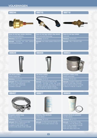 VOLKSWAGEN


000244                                         000715                                               000718




Sensor de nível água radiador (eletrônico)     Sensor de nível água radiador (plug redondo)         Sensor de nível água radiador
Water level probe (eletronic)                  Water level probe (Round plug)                       Level probe

Referência: 2R0 941 038 A                      Referência: TJG 919 370                              Referência: T2D 919 370 A

Aplicação: Caminhões com motor eletrônico      Aplicação: Leves, médios, pesados e ônibus de 91 a   Aplicação: 7-90s, 7-110s de 87 a 1994
conforme tanque de expansão                    2000




000649                                         000459                                               000654




Tubo flexível metálico                         Tubo flexível metálico                               Abraçadeira metálica escap.
Flexible metallic tube                         Flexible metallic tube                               Metallic exaust clamp

Referência: 2T2 253 101 A                      Referência: 2R2 253 101                              Referência: TE3 253 143 A

Aplicação: Médios e Pesados acima de 2000.     Aplicação: Leves a partir de 2000. 8/9-150E,         Aplicação: Constellation 19/25/31-320,
17-180 euro III, 17/24-220E euro III,          13/15-170E, 13/15-180E, 8-150E Plus, 9-150E.         19/25/31-370, 26/31-260e, 17/24-320e.
Worker 26/31-260E, 17/23/24-250E.              Constellation 13/15-180E. Micro-ônibus 8-150E OD,    Ônibus 16-180 CO, 16-210 CO, 17-210 OD,
Constellation 17/24-250E                       9-150E OD, 9-150 OD, 8-120 OD, 8-150 OD.             15-180E OD, 15-190E OD, 17-210E OD
                                               Ônibus 15-180E OD, 15-190E OD, 17-210E OD



000457                                         000677                                               000659




Abraçadeira metálica escap.                    Elemento p/ filtro lubrificante                      Elemento filtrante de combustível
Metallic exaust clamp                          Oil filter element                                   Fuel filter element

Referência: 2T2 253 143 J                      Referência: TRA 115 561                              Referência: 2R0 127 177 D

Aplicação: Médios e Pesados acima de 2000.     Aplicação: 12-170 BT, 13/15-170, 13/15-190,          Aplicação: 13-170e, Worker 13-180e,
17-180 euro III, 17/24-220E euro III.          14-170 BT, 16-170, 16-200, 17/23-210, 17-220         Constellation 13/15-180, Worker 15-170e,
Constellation 19-320E, 26-260E, 31-370E,                                                            Worker 15-180e, Constellation 17/24-250,
19-370E, 25-370E, 25-320, 31-320, 17/24-320E                                                        Worker 17/24-250e, 23-250e,
                                                                                                    Worker 26/31-260e, 8-150e, 9-150e



                                                                      45
 