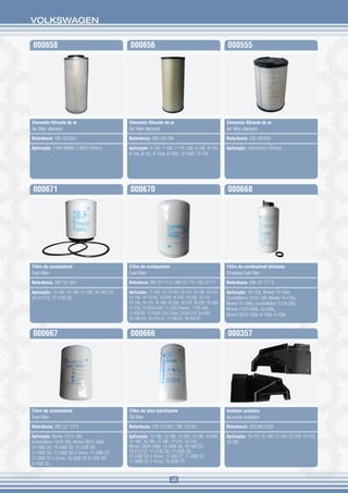 VOLKSWAGEN


000658                                          000656                                                    000555




Elemento filtrante de ar                        Elemento filtrante de ar                                  Elemento filtrante de ar
Air filter element                              Air filter element                                        Air filter element

Referência: T06 129 620                         Referência: 2RD 129 709                                   Referência: 2S0 129 620

Aplicação: 7-90S MWM, 7-90CO Perkins            Aplicação: 5-140, 7-100, 7-110, L80, 8-100, 8-120,        Aplicação: Caminhões e Ônibus
                                                8-140, 8-150, 8-150e, 9-150e, 12-140T, 13-150




000671                                          000670                                                    000668




Filtro de combustível                           Filtro de combustível                                     Filtro de combustível blindado
Fuel filter                                     Fuel filter                                               Shielded fuel filter

Referência: 2RP 127 491                         Referência: 2RK 127 177 A / 2RH 127 177 / TAE 127 177     Referência: 2R0 127 177 D

Aplicação: 13-180, 15-180, 17-180, 16-180 CO,   Aplicação: 11-140, 12-170 BT, 13-170, 13-190, 13-210,     Aplicação: 13-170e, Worker 13-180e,
16-210 CO, 17-210E OD                           14-150, 14-170 BT, 14-200, 14-210, 14-220, 15-170,        Constellation 13/15-180, Worker 15-170e,
                                                15-190, 16-170, 16-180, 16-200, 16-210, 16-220, 16-300,   Worker 15-180e, Constellation 17/24-250,
                                                17-210, 17/23/24-220, 17-220 (Tractor), 17/26-300,        Worker 17/24-250e, 23-250e,
                                                17-300 BT, 17/18/26-310 (Titan), 22/23-210, 24-250,       Worker 26/31-260e, 8-150e, 9-150e
                                                16-180 CO, 16-210 CO, 17-240 OT, 18-310 OT


000667                                          000666                                                    000357




Filtro de combustível                           Filtro de óleo lubrificante                               Isolador acústico
Fuel filter                                     Oil filter                                                Acoustic isolation

Referência: 2R0 127 177 E                       Referência: 2TB 115 561 / TAE 115 561                     Referência: 2RG 863 522A

Aplicação: Worker 13/15-180,                    Aplicação: 12-180, 13-180, 14-150, 14-180, 14-200,        Aplicação: 15-170, 15-180, 17-220, 23-310, 13-170,
Constellation 13/15-180, Worker 26/31-260e,     15-180, 16-180, 17-180, 17-210, 23-210,                   13-190
15-180E OD, 15-190E OD, 17-210E OD,             Worker 26/31-260e, 15-180E OD, 16-180 CO,
17-230E OD, 17-230E OD V-Tronic, 17-260E OT,    16-210 CO, 17-210E OD, 17-230E OD,
17-260E OT V-Tronic, 18-320E OT, 8-150E OD,     17-230E OD V-Tronic, 17-240 OT, 17-260E OT,
                                                17-260E OT V-Tronic, 18-320E OT
9-150E OD


                                                                         46
 