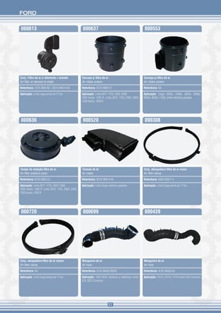 FORD


000613                                                000637                                                000553




Conj. Filtro de ar c/ elemento + tomada               Carcaça p/ filtro de ar                               Carcaça p/ filtro de ar
Air filter w/ element & intake                        Air intake system                                     Air intake system

Referência: 2C45 9600 BD + BG1X 9K614 AA              Referência: BC45 9600 CF                              Referência: NA

Aplicação: Linha cargo acima de 17 ton                Aplicação: Linha 2011: 1722, 2422, 2428,              Aplicação: Cargo 2422e, 2428e, 2622e, 2628e,
                                                      1932 tractor, 1932 R. Linha 2012: 1723, 2423, 2429,   6332e, 4532e, 1722e, linha mecânica pesados
                                                      1933 tractor, 1933 R




000636                                                000520                                                000308




Tampa de vedação filtro de ar                         Tomada de Ar                                          Conj. abraçadeira filtro de ar maior
Air filter isolation cover                            Air intake                                            Air filter clamp

Referência: BC45 9600 CA                              Referência: BG1X 9K614 AA                             Referência: BG5X 9D671 A

Aplicação: Linha 2011: 1722, 2422, 2428,              Aplicação: Linha Cargo médios e pesados               Aplicação: Linha Cargo acima de 17 ton
1932 tractor, 1932 R. Linha 2012: 1723, 2423, 2429,
1933 tractor, 1933 R




000720                                                000699                                                000439




Conj. abraçadeira filtro de ar menor                  Mangueira de ar                                       Mangueira de ar
Air filter clamp                                      Air hose                                              Air hose

Referência: NA                                        Referência: 2C45 9K658 BB/BC                          Referência: 4C45 9K658 AC

Aplicação: Linha Cargo acima de 17 ton                Aplicação: 1622-4532 mecânico e eletrônico motor      Aplicação: 1317e, 1517e, 1717e motor 3.9L Cummins
                                                      8.3L ISCE Cummins




                                                                                51
 