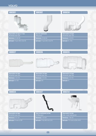 VOLVO


000301                               000302                               000038




Reservatório de água c/ 1 furo       Bocal de enchimento                  Reservatório de água
Windshield wiper tank                Filling spout                        Windshield wiper tank

Referência: 20 360 593               Referência: 20 360 594               Referência: 8 120 818

Aplicação: FH após 2004 e linha FM   Aplicação: FH após 2004 e linha FM   Aplicação: NL / EDC




000037                               000036                               000035




Reservatório de água                 Reservatório de água                 Reservatório de água
Windshield wiper tank                Windshield wiper tank                Windshield wiper tank

Referência: 3 162 136                Referência: 8 126 206                Referência: 8 124 740

Aplicação: NL / EDC                  Aplicação: EDC                       Aplicação: NL




000034                               000447                               000234




Reservatório de água                 Tubo de enchimento de óleo           Reservatório de óleo
Windshield wiper tank                Oil filling spout                    Brake / power steering tank

Referência: 8 121 201                Referência: 1 676 594                Referência: 1 069 184

Aplicação: NL antes de 1992          Aplicação: FH até 2003 motor D12C    Aplicação: FH12 antes de 2004 e NH12




                                                              60
 