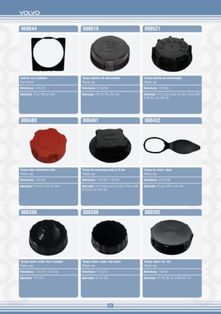VOLVO


000644                               000619                                             000521




Defletor de ar plástico              Tampa plástica de alimentação                      Tampa plástica de alimentação
Fan shroud                           Plastic cap                                        Plastic cap

Referência: 3 979 728                Referência: 20 783 868                             Referência: 3 979 593

Aplicação: FH de 1993 até 2004       Aplicação: VM 210, 240, 260, 310                   Aplicação: FH12 todos acima de 1994. Ônibus B9R,
                                                                                        B12R, B12, B7, B7R, B9




000480                               000461                                             000432




Tampa tubo enchimento óleo           Tampa de segurança preta 0,75 bar                  Tampa do reserv. água
Plastic cap                          Plastic cap                                        Plastic cap

Referência: 1 675 839                Referência: 1 674 083 / 1 542 591                  Referência: 20 425 399

Aplicação: FH motor D12C até 2003    Aplicação: FH12 todos acima de 1994. Ônibus B9R,   Aplicação: FH após 2004 e linha FM
                                     B12R, B12, B7, B7R, B9




000399                               000398                                             000392




Tampa reserv. embr. lisa c/ chapéu   Tampa reserv. embr. lisa menor                     Tampa reserv. dir. hid.
Plastic cap                          Plastic cap                                        Plastic cap

Referência: 1 374 295 / 1 455 736    Referência: 1 573 872                              Referência: 1 696 361

Aplicação: 113 e S-4                 Aplicação: XH, NL, EDC                             Aplicação: FH, FM, NH, NL, B10M, B12, B7




                                                              62
 