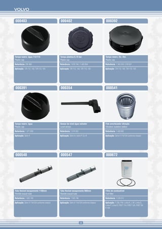 VOLVO


000403                                        000402                                        000392




Tampa reserv. água 112/113                    Tampa plástica 0,75 bar                       Tampa reserv. Dir. Hid.
Plastic cap                                   Plastic cap                                   Plastic cap

Referência: 295 960                           Referência: 1 676 744 / 1 403 954             Referência: 1 343 243 / 318 537

Aplicação: T/R 112, 142, T/R 113, 143         Aplicação: T/R 112, 142, T/R 113, 143         Aplicação: T/R 112, 142, T/R 113, 143




000391                                        000354                                        000541




Tampa reserv. água                            Sensor de nível água radiador                 Fole amortecedor vibração
Plastic cap                                   Level sensor                                  Vibration isolation bellow

Referência: 1 371 839                         Referência: 1 374 052                         Referência: 1 428 892

Aplicação: Série 4                            Aplicação: Série 4 e série P, G e R           Aplicação: Série 4 114/124 conforme chassis




000548                                        000547                                        000672




Tubo flexível escapamento 1100mm              Tubo flexível escapamento 900mm               Filtro de combustível
Flexible exaust tube                          Flexible exaust tube                          Fuel filter

Referência: 1 505 749                         Referência: 1 505 748                         Referência: 1 518 512

Aplicação: Série 4 114/124 conforme chassis   Aplicação: Série 4 114/124 conforme chassis   Aplicação: F 230, F94, Linha K, L 94, Linha G,
                                                                                            Linha P, Linha R, P/R/T 114, P/R/T 124, P/R/T 94,
                                                                                            R 164




                                                                       68
 
