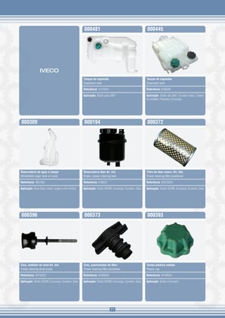 000481                                                 000445




                 IVECO
                                                       Tanque de expansão                                     Tanque de expansão
                                                       Expansion tank                                         Expansion tank

                                                       Referência: 41215631                                   Referência: 8168290

                                                       Aplicação: Stralis após 2007                           Aplicação: Stralis até 2007, Eurotech todos, Trakker,
                                                                                                              Eurotrakker, Powerstar, Eurocargo




000309                                                 000194                                                 000372




Reservatório de água c/ tampa                          Reservatório óleo dir. hid.                            Filtro de óleo reserv. Dir. Hid.
Windshield wiper tank w/ cover                         Brake / power steering tank                            Power steering filter positioner

Referência: 3801895                                    Referência: 8188037                                    Referência: 503120251

Aplicação: Nova Daily chassi, furgão e mini-ônibus     Aplicação: Stralis HD/NR, Eurocargo, Eurotech, Daily   Aplicação: Stralis HD/NR, Eurocargo, Eurotech, Daily




000396                                                 000373                                                 000393




Conj. medidor de nível dir. hid.                       Conj. posicionador do filtro                           Tampa plástica vedada
Power steering level probe                             Power steering filter positioner                       Plastic cap

Referência: 93192923                                   Referência: 42489650                                   Referência: 93163623

Aplicação: Stralis HD/NR, Eurocargo, Eurotech, Daily   Aplicação: Stralis HD/NR, Eurocargo, Eurotech, Daily   Aplicação: Stralis e Eurotech




                                                                               71
 