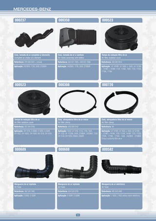MERCEDES-BENZ


000237                                         000350                                             000523




Conj. tomada de ar completo s/ elemento        Conj. tomada de ar c/ sanfona                      Tampa de vedação filtro de ar
Complete air intake w/o element                Air intake assembly with bellow                    Air filter isolation cover

Referência: 376 090 5301 + tomada              Referência: 693 831 7005 + 693 831 7088            Referência: 000 090 0912

Aplicação: 2423B/K, 1728, 2428, 2726B/K        Aplicação: 2423B/K, 1728, 2428, 2726B/K            Aplicação: LK 1418R, LK 1620, L 1620, LK 1218R,
                                                                                                  L 1218R, L 1418R, 1720, 1720K, 1420, 1723, 1723S,
                                                                                                  1718A, 1718K




000523                                         000308                                             000720




Tampa de vedação filtro de ar                  Conj. abraçadeira filtro de ar maior               Conj. abraçadeira filtro de ar menor
Air filter isolation cover                     Air filter clamp                                   Air filter clamp

Referência: 002 094 0106                       Referência: 000 090 0142                           Referência: NA

Aplicação: OH 1418, O 500M, O 500U, O 500R,    Aplicação: 1620, LK 1418, 1218, 1720, 1623,        Aplicação: LK 1418R, LK 1620, L 1620, LK 1218R,
OH 1622, OH 1622L, OH 1626, OH 1518, OH 1618   OF 1722, OF 1722M, 2428, 2726B/K, 2423B/K, 1728,   L 1218R, L 1418R, 1720, 1720K, 1418R, 1723, 1723S,
                                               OH 1518, OH 1626, O500U, O500R                     1720A, 1718K, 1718A, 1420, 2423B/K, 2726B/K.
                                                                                                  Ônibus conforme filtro de ar




000689                                         000688                                             000582




Mangueira de ar injetada                       Mangueira de ar injetada                           Mangueira de ar eletrônico
Air hose                                       Air hose                                           Air hose

Referência: 382 528 1482                       Referência: 634 528 0782                           Referência: 695 528 0482

Aplicação: O 500U, O 500R                      Aplicação: O 500R, O 500M                          Aplicação: L 1620, L 1622 ambos motor eletrônico




                                                                     11
 