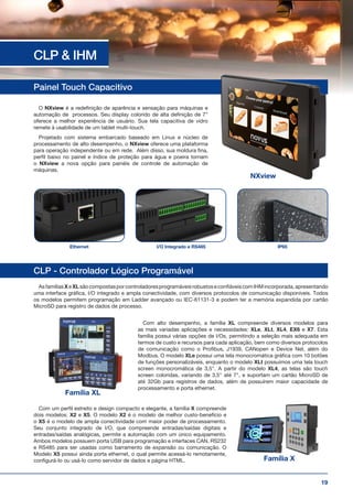 19
CLP & IHM
Painel Touch Capacitivo
CLP - Controlador Lógico Programável
O NXview é a redefinição de aparência e sensação para máquinas e
automação de processos. Seu display colorido de alta definição de 7”
oferece a melhor experiência de usuário. Sua tela capacitiva de vidro
remete à usabilidade de um tablet multi-touch.
Projetado com sistema embarcado baseado em Linux e núcleo de
processamento de alto desempenho, o NXview oferece uma plataforma
para operação independente ou em rede. Além disso, sua moldura fina,
perfil baixo no painel e índice de proteção para água e poeira tornam
o NXview a nova opção para painéis de controle de automação de
máquinas.
AsfamíliasXeXLsãocompostasporcontroladoresprogramáveisrobustoseconfiáveiscomIHMincorporada,apresentando
uma interface gráfica, I/O integrado e ampla conectividade, com diversos protocolos de comunicação disponíveis. Todos
os modelos permitem programação em Ladder avançado ou IEC-61131-3 e podem ter a memória expandida por cartão
MicroSD para registro de dados de processo.
Com um perfil estreito e design compacto e elegante, a família X compreende
dois modelos: X2 e X5. O modelo X2 é o modelo de melhor custo-benefício e
o X5 é o modelo de ampla conectividade com maior poder de processamento.
Seu conjunto integrado de I/O, que compreende entradas/saídas digitais e
entradas/saídas analógicas, permite a automação com um único equipamento.
Ambos modelos possuem porta USB para programação e interfaces CAN, RS232
e RS485 para ser usadas como barramento de expansão ou comunicação. O
Modelo X5 possui ainda porta ethernet, o qual permite acessá-lo remotamente,
configurá-lo ou usá-lo como servidor de dados e página HTML.
Com alto desempenho, a família XL compreende diversos modelos para
as mais variadas aplicações e necessidades: XLe, XLt, XL4, EX6 e X7. Esta
família possui várias opções de I/Os, permitindo a seleção mais adequada em
termos de custo e recursos para cada aplicação, bem como diversos protocolos
de comunicação como o Profibus, J1939, CANopen e Device Net, além do
Modbus. O modelo XLe possui uma tela monocromática gráfica com 10 botões
de funções personalizáveis, enquanto o modelo XLt possuímos uma tela touch
screen monocromática de 3,5". A partir do modelo XL4, as telas são touch
screen coloridas, variando de 3,5" até 7", e suportam um cartão MicroSD de
até 32Gb para registros de dados, além de possuírem maior capacidade de
processamento e porta ethernet.
Família X
Família XL
NXview
Ethernet I/O Integrado e RS485 IP65
 