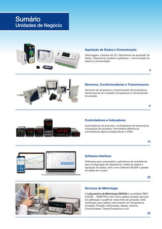 Sumário
Unidades de Negócio
23
4
8
14
22
Serviços de Metrologia
O Laboratório de Metrologia NOVUS é acreditado RBC/
CGCRE - INMETRO e tem como objetivo prestar serviços
de calibração e qualificar nossa linha de produtos. Está
certificado para calibrar instrumentos de Temperatura,
Umidade, Pressão, Eletricidade, Massa, Volume,
Condutividade, Tempo/Frequência e pH.
Software Interface
Softwares para computador e aplicativos de smartphone
para configuração de dispositivos, coleta de dados e
aquisição de dados, bem como software SCADA e gestão
de dados em nuvem.
Controladores e Indicadores
Controladores de processo, controladores de temperatura,
indicadores de processo, termostatos eletrônicos,
controladores lógicos programáveis e IHMs.
Sensores, Condicionadores e Transmissores
Sensores de temperatura, transmissores de temperatura,
transmissores de umidade e temperatura e transmissores
de pressão.
Aquisição de Dados e Comunicação
Data loggers, módulos de I/O, dispositivos de aquisição de
dados, dispositivos wireless e gateways – comunicação de
dados e conectividade.
 