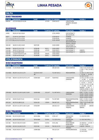 LINHA PESADA
SILPA
EIXO TRASEIRO
N° ARCA DIMENSÕES SABÓ CORTECO N° ORIGINAL APLICAÇÃO MODELO
121,10 X 160,20 X 32,006000-BY CUBODERODA
TRASEIRO (VEDAÇÃO
ÓLEO)
2713-N 2160110127
N° ARCA SABÓ CORTECO N° ORIGINAL APLICAÇÃO MODELODIMENSÕES
DIVERSOS
38,00 X 47,60 X 30,0010008 EIXOSISTEMA"S"
(BUCHANYLON)
2130.140099
32,00 X 41,20 X 30,0010077 DIVERSOS2130140197
32,08 X 54,74 X 25,4010226-MANCAL DIVERSOS2130140185
38,10 X 54,74 X 25,4010227-MANCAL EIXOSISTEMA"S"
(BUCHANYLONDO
MANCAL TUBLESS)
2130.140100
38,00 X 52,00 X 10,005002-BR EIXOSISTEMA"S"
(BENDIX/BOECHAT)
00479 BR 2160110085
38,00 X 52,25 X 7,005009-BR EIXOSISTEMA"S"461 N02506-BR 2160110097
38,00 X 47,60 X 6,505132-BA EIXOSISTEMA"S" CARRETA1232 N02505-BA 2160110073
41,10 X 50,80 X 6,005141-BA EIXOSISTEMA"S" CARRETAS03161-BA 2160.110255
110,00 X 139,95 X 13,005344-BG 2044 N00516-BG 2160110024
31,80 X 44,45 X 6,305737-BA 463 N01149-BA 2160110267
N° ARCA SABÓ CORTECO N° ORIGINAL APLICAÇÃO MODELODIMENSÕES
EIXO DIANTEIRO
VOLKSWAGEN
57,30 X 84,00 X 8,005118-BAG RODADIANTEIRA 7100 / 7110 / 8140 / 6.80
/ 6.90 / 7.90 / 8.140 /
9.150
00188-BA 2RD.407.641
89,00 X 114,25 X 12,705123-BGG RODADIANTEIRA 11.130 / 11.140 /12.210
/ 13.130 / 14.140 /
14.150 / 14.210
01253-B /2424-
BG
T13.407.641.A
88,90 X 122,95 X 18,70 /21,705177-BGE CUBODARODA
DIANTEIRA
11-170 / 13-180 /13-170
/ 13-180 / 13-180E
/14-140 /14-150/14-200
/ 14-210 / 14-220 /
15-150 / 15-170 /15-180
/ 15-180E /13-180 /
WORKER 15-180 E /
CONSTELLATION 15-180 /
15-190 EOD /17-210 EOD
2212 N *02484-BGE T16407641
88,90 X 115,40 X 16,00 /19,005399-BGE CUBODARODA
DIANTEIRA
8140 / 11130 / 11140 /
12140 / 13130 / 14140 /
14150 / 14210 / 22140 /
24220 /24250 /35350
2211 N *02483-BGE T11.407.641 A
40,80 X 44,05 X 3,106347-GA RODADIANTEIRA(PINO
-MESTRE)
8140 / 11130 / 11140 /
12140 /13130 /14140 /
1335 N02322-GA T11.407.685
28,70 X 31,80 X 3,106352-GA RODADIANTEIRA(PINO
-MESTRE)
7100 / 7110 //6.80 /6.90
/7.90 .../89
1336 N02361-GA T06.407.373
86,50 X 114,30 X 14,00 /16,006478-BYF CUBODARODA
TRASEIRO
8.140/150 (MICRO
ÔNIBUS)
07439-BYF 2RO.501.317
N° ARCA SABÓ CORTECO N° ORIGINAL APLICAÇÃO MODELODIMENSÕES
EIXO TRASEIRO
60,30 X 92,00 X 12,005046-BAG PINHAO(SEM
REDUÇÃO)
11.130/140 /19910140 N00334-BAG 2.994.107
60,30 X 92,00 X 12,005046-BAG PINHÃO(SEM
REDUÇÃO)
11.130/140/1991/...0140 N00334-BAG T11.525.275 A
98,50 X 144,45 X 19,005121-BG RODATRASEIRA
(ADAPTADO)
14.140/210 - 22.140 /
11.130 -13.130
2193 N00007-B 4.021.296
82,50 X 114,30 X 12,705122-BGG CUBODERODA
TRASEIRO
6.80/90 -7.90/1102121 N01923-BG T06.501.317 B
69,80 X 98,45 X 11,805165-BAG PINHÃO(BRASEIXOS) 11.130/140 - 12.140 -
13.130 1992/
01880-BAG T95.525.275
w w w .arcaretentores.com.br 105A -
 