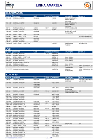 LINHA AMARELA
HUBER WARCO
N° ARCA DIMENSÕES SABÓ CORTECO N° ORIGINAL APLICAÇÃO MODELO
63,50 X 88,90 X 17,805541-BGE CAIXADEMUDANÇAS -
EIXODEENTRADA
POSTERIOR
00652-BG 415003
63,50 X 88,90 X 17,805541-BGE CAIXADEMUDANÇAS -
EIXODEENTRADA
POSTERIOR
00652-BG 6100054
95,30 X 120,55 X 12,705567-BG ÁRVOREDECOMANDO2100 V01257-B 6100060
25,40 X 47,55 X 11,105568-BG 01302-B 2D 9870
15,00 X 28,05 X 7,005735-BAG BOMBADEÓLEODA
TRANSMISSÃO
00916-BA
115,00 X 140,00 X 13,006146-BRG 00514-BR
114,30 X 139,70 X 14,306210-BG MOTONIVELADORA140-S00125-B
19,00 X 35,05 X 10,006215-BRG 00159-BR
35,00 X 54,00 X 11,006222-BRG 00214-BR
25,00 X 62,00 X 10,006244-BG 00770-B
130,00 X 160,00 X 12,00 /17,007110-BROS VIRABREQUIM
TRASEIRO
MOTOR D14 CS6102402
N° ARCA SABÓ CORTECO N° ORIGINAL APLICAÇÃO MODELODIMENSÕES
JCB
46,00 X 65,00 X 16,005313-BAG(E) 1248 N 904/50009
30,00 X 55,00 X 12,005913-BRG 904/50009
127,00 X 160,00 X 15,50 /17,506936-BY CUBODERODA904/500 33
46,15 X 80,00 X 16,506937-B(E) CUBODERODA904/50040
46,15 X 80,00 X 16,506937-B(E) CUBODERODA904/50006
78,00 X 100,00 X 10,50 /16,006938-GAGE 904/06200
45,00 X 65,00 X 18,506942-B(E) CUBODERODA904/50047
55,00 X 90,00 X 8,00 /16,007119-BRGE SAÍDADA
TRANSMISSÃO
RETRO ESCAVADEIRA JCB
214 E
904/05100
55,00 X 80,00 X 10,00 / 11,007120-BRGGEF SAÍDADA
TRANSMISSÃO
RETRO ESCAVADEIRA JCB
3C14
904/20172
N° ARCA SABÓ CORTECO N° ORIGINAL APLICAÇÃO MODELODIMENSÕES
KOMATSU
17,00 X 35,00 X 7,005148-BR BOMBAD'ÁGUA
(INTERNO)
D30 / D50 / D65 -MOTOR
MBB OM352
20 N00853-BR
60,00 X 82,00 X 12,005162-BRG 00977-BR /
01841-BRG /
01842-BRG
07012.00060
30,00 X 50,00 X 11,005189-BRG EIXODABOMBA
HIDRÁULICA
00911-BRG 07434.11162
35,00 X 42,00 X 4,005196-GA CAIXADEMUDANÇAS -
TAMPADAEMBREAGEM
D657641 N02095-GA 0612203504
30,00 X 37,10 X 4,005197-BA 02096-BA 06122.03004
65,00 X 95,00 X 14,005225-BAG 13009.11352
65,00 X 95,00 X 14,0052258-BAGS 13009.11352
65,00 X 95,00 X 14,0052258-BAGS 07012.20075
75,00 X 100,00 X 13,005228-BAG 1020 N01687-BA 07012.00075
75,00 X 100,00 X 13,0052288-BAGS 1218 S00269-BAGS 07012.20075
85,00 X 110,00 X 14,0052298-BAGS 00618-BAG 07012.100.85
127,00 X 158,70 X 12,705240-BG 00309-B 6K 2430
25,00 X 32,00 X 4,005292-GA 1058 N02265-GA 06122.02504
30,00 X 50,05 X 12,005312-BAG 00484-BA 07434.11160
30,00 X 50,05 X 12,005312-BAG 00484-BA 07012.00030
31,70 X 50,80 X 12,505330-BRGE 02063-BAG 14460.B2480
22,20 X 50,80 X 11,005331-BRGE 02064-BAG 13010.B3160
20,00 X 30,00 X 7,005441-BRG 59 N00505-BR 144.15.29110
70,00 X 85,00 X 8,005556-BR 1086 N00906-BR 21K7012180
105,00 X 140,00 X 12,005625-BRG 1645 N02195-BR K 623.457
34,90 X 50,75 X 8,305638-BAG 02221-BA 06343.00056
75,00 X 100,00 X 13,005642-BG EIXOPILOTO D501020 N02226-BG
127,00 X 165,10 X 16,005700-BG 2094 N *00310-B 654654654564654
28,00 X 35,00 X 4,005793-GA 00713-GA 06122.02804
45,00 X 55,00 X 4,005859-GA 02634-GR 07145.00045
22,00 X 42,00 X 10,006029-BAG 07017.00022
95,00 X 120,00 X 13,006030-BAG 07012.00095
90,00 X 115,00 X 13,006031-BAG 701310090
90,00 X 115,00 X 13,0060318-BAGS 07012.20090
w w w .arcaretentores.com.br 47A -
 