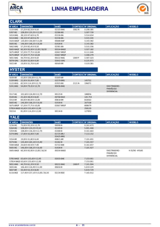 LINHA EMPILHADEIRA
N° ARCA SABÓ CORTECO N° ORIGINAL APLICAÇÃO MODELODIMENSÕES
CLARK
57,20 X 82,50 X 9,505133-BAG 1062 N02103-BAG 0.208.385
108,00 X 133,35 X 12,005397-BG 02386-BG 3.307.739
38,10 X 47,60 X 6,705414-BAG 01536-BA 3.314.654
38,10 X 47,60 X 6,705414-BAG 01536-BA 3.315.335
120,00 X 140,00 X 13,005543-BAGP 00688-BAP 3.143.382
146,00 X 168,25 X 16,005605-BG 01928-B 3.143.382
57,20 X 82,45 X 9,505662-BAG 02381-BA 3.315.336
60,30 X 92,00 X 12,00 / 18,505665-BAGE 00334-BAGE 3.327.182
57,20 X 77,75 X 10,005675-BRGP 02667-BRGP 0.111.646
57,20 X 77,75 X 10,005675-BRGP 02667-BRGP 3.308.279
44,70 X 61,20 X 9,505831-BAG 1069 P00222-BAG 3.307.323
25,00 X 32,00 X 4,005878-GRG 02642-GRG 0.225.973
19,00 X 31,70 X 6,405922-BR 00569-BR 3.319.381
N° ARCA SABÓ CORTECO N° ORIGINAL APLICAÇÃO MODELODIMENSÕES
HYSTER
55,00 X 100,00 X 12,705039-BR 01669-BR
22,00 X 35,00 X 7,005109-BRG 02579-BRG 145752
82,50 X 114,30 X 12,705122-BGG 2121 N01923-BG 196071
54,00 X 79,35 X 12,705241-BAG EIXOTRASEIRO-
PINHÃODO
DIFERENCIAL
00436-BAG
101,60 X 126,90 X 12,705517-BG 00123-B 188856
25,40 X 38,05 X 8,005549-BG 00768-BGO 145.753
60,00 X 80,00 X 13,005553-BR 00818-BR 818363
146,00 X 168,25 X 16,005605-BG 01928-B 267538
57,20 X 77,75 X 10,005675-BRGP 02667-BRGP 808679
63,60 X 155,60 X 12,0057854-BAGE 258120
81,00 X 114,20 X 12,005923-B 00134-B 127893
N° ARCA SABÓ CORTECO N° ORIGINAL APLICAÇÃO MODELODIMENSÕES
YALE
73,00 X 95,20 X 12,705236-BG 00098-B 0.161.673
108,00 X 133,25 X 9,505264-BG 01103-B 5.001.468
108,00 X 136,50 X 12,705359-BG 01468-B 0.161.663
17,00 X 32,00 X 7,005374-BRG 01725-BR /
02425-BRG
7.113.152
19,00 X 31,80 X 6,405554-BR 00821-BR 7.101.691
133,40 X 165,10 X 15,905573-BG 01362-B 7.101.557
24,60 X 44,50 X 7,905584-BAGE 01722-BAE 0.161.657
146,00 X 168,25 X 16,005605-BG 01928-B 7.101.927
60,30 X 92,00 X 12,00 / 18,505665-BAGE EIXOTRASEIRO-
PINHÃODO
DIFERENCIAL
H 35/90 -4FG4000334-BAGE
63,60 X 155,60 X 12,005785-BAGE 02033-BAE 7.153.061
63,60 X 155,60 X 12,0057854-BAGE 7.153.061
44,70 X 61,20 X 9,505831-BAG 1069 P00222-BAG 7.101.904
106,40 X 126,90 X 12,005835-BG 00650-B 5.019.229
33,40 X 52,35 X 8,005837-BR 5.019.729
117,40 X 157,10 X 13,00 /26,506116-BGE 02134-BGE 7.165.012
w w w .arcaretentores.com.br 51A -
 