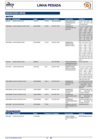 LINHA PESADA
MERCEDES BENZ
MOTOR
N° ARCA DIMENSÕES SABÓ CORTECO N° ORIGINAL APLICAÇÃO MODELO
40,00 X 55,00 X 9,005604-BG VENTILADOR (POLIA
TENSORA)(OM355-
5/355-5A)
O 364 / OH 1419 / OH
1420 / OH 1517 / OH
1518 / OH 1520
2135 N01155-B 003.760.040300
75,00 X 100,00 X 12,00 /13,005690-BAGS VIRABREQUIM
DIANTEIRO(OM355-
5/355-5A)
331 / 1519 /1520 /1524
/ 1525 / 1819 / 1820
/1924 / 1929 / 1930 /
1932 / 1933 / 1934 /
2219 / 2220 / 2225 / O
326 / O 355 / O 364 / O
365 / O 370 / O 371 /OH
1419 / OH 1420 / OH
1517 / OH 1518 / OH
1520 / LP 331 -O326
1218 S00269-BAGS 345.997.7746
65,00 X 90,00 X 15,005834-BAGS VIRABREQUIM
DIANTEIRO(OM
366A/LA-M366)
709 / 712 / 912 / 1113 /
1114 / 1116 / 1118 /
1214 / 1218 / 1313 /
1314 / 1316 / 1317 /
1318 / 1414 / 1418 /
1714 / 1718 / 1721 /
2314 / 2318 / 2418 / O
352 / O 362 / O 364 / O
365 / O 370 / O 371 / OF
1113 /OF 1215 /OF 1313
/ OF 1314 / OF 1315 / OF
1317 /
1174 V01810-BAGS 344.997.7446
30,00 X 52,00 X 12,006148-BG VENTILADOR MANCAL
INTERMEDIÁRIO(EIXO
POLIA)(OM352/352)
LP 321 -OH 131300824-B 003.760.0300
17,00 X 28,00 X 6,006152-BAG BOMBAINJETORA
(WNR 6 P 31Z)(OM
321/326/352/352)
331 / 1113 /1114 /1116
/ 1118 / 1313 / 1314
/1316 / 1317 / 1318 /
1513 / 2013 / 2014 /
2213 / 2214 /2216 /
1313A / O326 /O352 /O
362 / O 364 / O 365 /OF
1313 / OF 1314 /OH1313
/OH 1314 /OH 1316
70 N01072-BA 004.997.4947
105,00 X 130,00 X 12,006395-BRAGF VIRABREQUIM
DIANTEIRO(OM
447LA/6)
O371/400-OH1635/192
9/1935/1938/1941/1945
- 2635/2638 /1630 -
1935/38/41 - 2325/28 -
2635/38
1381 V02969-BRAGF 014.997.4647
120,00 X 140,00 X 13,006396-BRAGF VIRABREQUIM
TRASEIRO(OM
447LA/6)
1929/1935/1938/1941/1
945 - 2635/2638 /O
371/400 -OH 1635
1387 V02697-BRAGF 004.997.1347
120,00 X 140,00 X 13,006396-BRAGF VIRABREQUIM
TRASEIRO(MOTOR 447
LA/6)
1929/1935/1938/1941/1
945 - 2635/2638 /O
371/400 -OH 1635
1387 V02697-BRAGF 013.997.1447
120,00 X 140,00 X 13,006396-BRAGF VIRABREQUIM
TRASEIRO(MOTOR 447
LA/6)
1929/1935/1938/1941/1
945 - 2635/2638 /O
371/400 -OH 1635
1387 V02697-BRAGF 475.997.7047
46,70 X 62,00 X 9,006451-BRGF COMANDOVÁLVULAS
(MOTOR GEMINI HS 4T
2.5)
SPRINTER 310/3127768 V05353-BRGF
N° ARCA SABÓ CORTECO N° ORIGINAL APLICAÇÃO MODELODIMENSÕES
TRANSMISSÃO
50,00 X 65,00 X 8,505042-BRG FLANGETRASEIRA
CAIXADECÂMBIO-S5
42
MICROÔNIBUS PICCOLO01783-BRG
w w w .arcaretentores.com.br 86A -
 