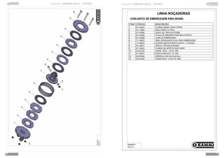 32 33
Roçadeira SAMURAI 260 LC - CRUISER Roçadeira SAMURAI 260 LC - CRUISER
ITEM CÓDIGO DESCRIÇÃO
1 071.04025 FLANGE W2400 COM 8 FUROS
2 071.10823 MOLA PRATO 3.75mm
3 071.03580 DISCO DE TRAVA EXTERNA
4 071.04492 PLACA DE PRESSÃO PARA MOLA PRATO
5 071.03628 LONA DE EMBREAGEM
6 171.04670 ANEL ESPAÇADOR 51mm PARA EMBREAGEM
7 171.04672 LUVEIRA MAIOR APERTO DUPLO - 4 TRAVAS
8 071.04671 DISCO 4 TRAVAS INTERNA
9 071.03633 FLANGE DE APERTO K95 E K95/5
10 016.00154 PARAF. SEXT. 1/2"x4" UNF
11 017.09971 PORCA PARLOCK 1/2" UNF
12 020.00240 ARRUELA LISA 24x13x2.5mm
13 016.01424 PARAF.SEXT. 1/2"x2 1/2" UNF
SWC 46
Desenho :
CONJUNTO DE EMBREAGEM KWA W2400
LINHA ROÇADEIRAS1
2
2
4
5
6
7
13
5
3
5
8
5
9
10
1112
11
Desenho:
SWC46
 