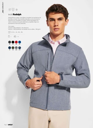 46 02 60 05
55 38 243 247
Softshell de 3 capas. Cremallera completa con protector de
barbilla y tirador. Dos bolsillos laterales y uno en el pecho
derecho con cremallera y tirador. Puños ajustables con
velcro. Canesú en la parte delantera y espalda. Bajo con
ajustadores interiores laterales.
Tres capas.
Exterior: 95% poliéster / 5% elastano.
Interior: 100% poliéster micropolar extra-cálido. 300 g/m².
S - M - L - XL - 2XL - 3XL
. . . . . . . . . . . . . . . . .
1 15
6435 Rudolph
_2023
collection
142
 