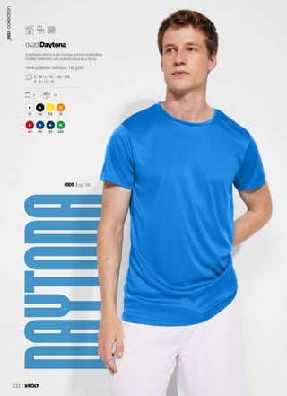 DAYTONA
01 02 03 31
60 05 55 226
KIDS pg.186
Camiseta técnica de manga corta traspirable.
Cuello redondo con cubrecosturas a tono.
100% poliéster interlock, 135 g/m².
S - M - L - XL - 2XL - 3XL
4 - 8 - 12 - 16
. . . . . . . . . . . . . . . . .
5 50
0420 Daytona
_2023
collection
232
 