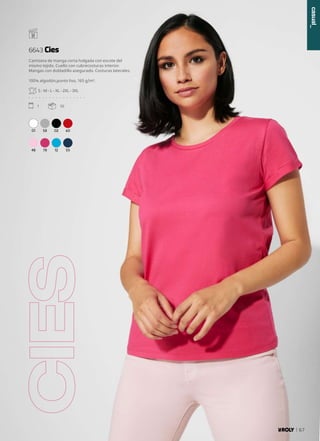 CIES
01 58 02 60
48 78 12 55
Camiseta de manga corta holgada con escote del
mismo tejido. Cuello con cubrecosturas interior.
Mangas con dobladillo asegurado. Costuras laterales.
100% algodón,punto liso, 165 g/m².
S - M - L - XL - 2XL - 3XL
. . . . . . . . . . . . . . . . .
1 50
6643 Cies
casual_
67
 