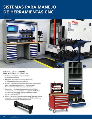 16
16
NCS2392
NCM8195
SISTEMAS PARA MANEJO
DE HERRAMIENTAS CNC
LAS VENTAJAS DEL SOPORTE
PARA HERRAMIENTAS ROUSSEAU
• Modular: se integra con la gama completa
de productos Rousseau
• Adaptable: disponible con o sin perforaciones,
se adapta a todo tipo de herramientas
• Robusto: con su diseño original en dos niveles, proporciona
soporte y estabilidad superiores e impide la caída
de herramientas, incluso en posición inclinada
• Ergonómico y compacto: las asas ergonómicas facilitan
su transporte, y los adaptadores en ángulo de 20˚ facilitan
el acceso a las herramientas en las estanterías Spider®
y en las estructuras WM
• Seguro: con su fabricación en resistente PVC extruido, resiste
a impactos y corrosión, y permite que los fluidos se drenen,
prolongando la vida útil de las herramientas
rousseau.com
 