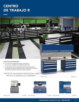 21
21
CENTRO
DE TRABAJO R
VENTAJAS DE ROUSSEAU
• Los centros de trabajo para técnicos Rousseau
son los más completos y versátiles del mercado.
• El almacenaje de alta capacidad le permite guardar piezas
pequeñas de manera ordenada y eficaz, reduciendo al máximo
la superficie de almacenaje de este tipo de piezas.
PROYECTE UNA IMAGEN PROFESIONAL QUE
REFLEJE LA IMAGEN DE SU EMPRESA.
1200×750×1875 GT-C1070S 1800×750 ×1900 GT-C1044S
2100×750×2000 GT-C1067S
2400×750×1900 R5WP5-6005
Estados Unidos y Canadá* (sin costo) : 1.866.463.4270
 