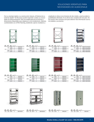 7
SOLUCIONES VERSÁTILES PARA
NECESIDADES DE ALMACENAJE
Con su montaje rápido y su construcción robusta, el Sistema de es-
tanterías Spider®
de Rousseau puede responder a todas sus necesi-
dades de almacenamiento. Hay una amplia gama de accesorios y
dimensiones disponibles para adaptarse a sus instalaciones. Además,
combinándolo con el Mini-Racking, añadiendo cajones modulares y
ampliando en altura con el sistema de dos niveles, usted accederá a
posibilidades ilimitadas. Es la oferta más completa del mercado. Vis-
ite nuestro sitio rousseau.com para obtener más información acerca
de modelos y accesorios.
915
458
1906 5 SRE1002
2210 6 SRE1011
610
1906 5 SRE1003
2210 6 SRE1012
915 610 2210 7 SRE3204
1220
458
1906 5 SRE1T-HC750501
2210 6 SRE1T-HC870601
610
1906 5 SRE1T-HE750501
2210 6 SRE1T-HE870601
915 610 2039 6 SRE4003M 915 610 2210 7 SRE3206
1220
458
1906 5 SRE2032
2210 6 SRE2041
610
1906 5 SRE2033
2210 6 SRE2042
1220
458
1906 5 SRE1032
2210 6 SRE1041
610
1906 5 SRE1033
2210 6 SRE1042
915
458
1906 5 SRE2002
2210 6 SRE2011
610
1906 5 SRE2003
2210 6 SRE2012
1220
458
1906 5 SRE2T-HC750501
2210 6 SRE2T-HC870601
610
1906 5 SRE2T-HE750501
2210 6 SRE2T-HE870601
1067
458
1906 5 SRE2132
2210 6 SRE2141
610
1906 5 SRE2133
2210 6 SRE2142
1067
458
1906 5 SRE1132
2210 6 SRE1141
610
1906 5 SRE1133
2210 6 SRE1142
63¼" 24" 80¼" 8 SRD9002M
Estados Unidos y Canadá* (sin costo) : 1.866.463.4270
 