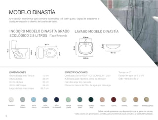 MODELO DINASTÍA
BLANCO GRIS
CLARO
AZUL
CIELO
AZUL
HOLANDA
AZUL
ULTRAMAR
VERDE
CAPRI
VERDE
MAR
VERDE
JADE
ROSA CORAL MARFIL ARENA MARMOLEADO
3
ESPECIFICACIONES
Certificado con la NOM - 009 CONAGUA - 2001
Autorizado para Hipoteca Verde de Infonavit
Con descarga tipo cascada.
Consume menos de 5 lts. de agua por descarga
Trampa de 2”
Espejo de agua de 7.5 x 9”
Sello Hidráulico de 2”
Sobre pedido ponemos a su disposición toda la gama de colores.
* Estos colores son aproximados a los reales, para una referencia exacta consulte a un distribuidor autorizado.
DIMENSIONES
Altura de taza más Tanque 70 cm
Altura de taza 38 cm
Ancho de taza 38 cm
Ancho del tanque 44 cm
Largo de taza más tanque 66.7 cm
| Taza Redonda
INODORO MODELO DINASTÍA GRADO
ECOLÓGICO 3.8 LITROS
LAVABO MODELO DINASTÍA
Una opción económica que combina la sencillez y el buen gusto, capaz de adaptarse a
cualquier espacio o diseño del cuarto de baño.
 