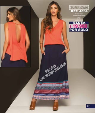 BLUSA
Blusa en Crepe
Silueta Semi Ajustada
Coral
S-M-L
100 % Poliester
POR SOLO
REF. 4034
75
$ 19.900
 