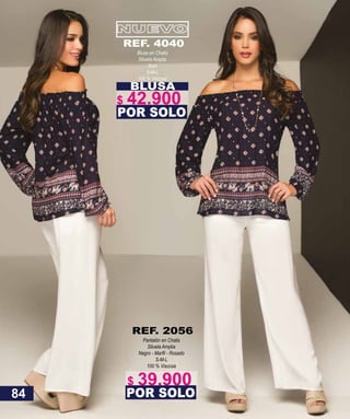 BLUSA
Blusa en Chalis
Silueta Amplia
Azul
S-M-L
100 % Viscosa
POR SOLO
REF. 4040
Pantalón en Chalis
Silueta Amplia
S-M-L
100 % Viscosa
POR SOLO
REF. 2056
84
$ 42.900
$ 39.900
 