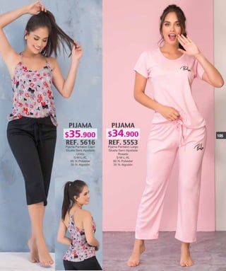 PIJAMA
REF. 5616
Pijama Pantalon Capri
Silueta Semi Ajustada
Unico
S-M-L-XL
65 % Poliester
35 % Algodón
PIJAMA
REF. 5553
Pijama Pantalon Largo
Silueta Semi Ajustada
Rosado
S-M-L-XL
65 % Poliester
35 % Algodón
105$35.900 $34.900
 