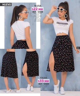 NUEVO BLUSA
REF. 5568
Blusa en Viscosa
Strech
Silueta Ajustada
Blanco
S-M-L-XL
94 % Rayon
6 % Elastano
FALDA
REF. 5569
Falda en Chalis
Silueta Amplia
Negro
S-M-L
100 % Rayon
11
$22.900
$33.900
 