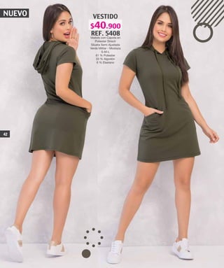 NUEVO VESTIDO
REF. 5408
Vestido con Capota en
Poliester Strech
Silueta Semi Ajustada
Verde Militar - Mostaza
S-M-L
61 % Poliester
33 % Algodón
6 % Elastano
42
$40.900
 