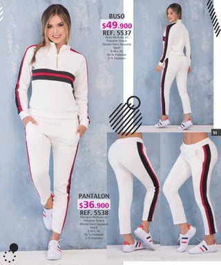 BUSO
REF. 5537
Buso Multiuso en
Poliester Strech
Silueta Semi Ajustada
Marfil
S-M-L-XL
95 % Poliester
5 % Elastano
PANTALON
REF. 5538
Pantalon Multiuso en
Poliester Strech
Silueta Semi Ajustada
Marfil
S-M-L-XL
95 % Poliester
5 % Elastano
51
$36.900
$49.900
 