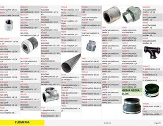 PLOMERIA
REPAIR CLAMP GALV 2
RCG2
REPAIR CLAMP GALV 3/4
RCG34
RED COPA GALV 1 1/2 X 
1 1/4
RCG112114
RED COPA 
GALVANIZADO 1 1/2 X 1
RCG1121
RED COPA 
GALVANIZADO 1 1/2 X 
3/4
RCG11234
RED COPA 
GALVANIZADO 1 1/4 X 1
RCG1141
RED COPA 
GALVANIZADO 1 1/4 X 
1/2
RCG11412
RED COPA 
GALVANIZADO 1 1/4 X 
3/4
RCG11434
RED COPA 
GALVANIZADO 1 X 1/2
RECG112
RED COPA 
GALVANIZADO 1 X 3/4
RCG134
RED COPA 
GALVANIZADO 2 X 1
RCG21
RED COPA 
GALVANIZADO 2 X 1 1/2
RCG2112
RED COPA 
GALVANIZADO 2 X 1 1/4
RCG2114
RED COPA 
GALVANIZADO 2 X 3/4
RCG234
RED COPA 
GALVANIZADO 3/4 X 1/2
RCG3412
RED. GALVANIZADO 1 
1/2 X 1 1/4
RG112114
REDUCIDO 
GALVANIZADO 1 1/2 X 1
RG1121
REDUCIDO 
GALVANIZADO 1 1/2 X 
1/2
RG11212
REDUCIDO 
GALVANIZADO 1 1/2 X 
3/4
RG11234
REDUCIDO 
GALVANIZADO 1 1/4 X 1
RG1141
REDUCIDO 
GALVANIZADO 1 1/4 X 
1/2
RG11412
REDUCIDO 
GALVANIZADO 1 1/4 X 
3/4
RG11434
REDUCIDO 
GALVANIZADO 1 X 1/2
RG112
REDUCIDO 
GALVANIZADO 1 X 3/4
RG134
REDUCIDO 
GALVANIZADO 1/2 X 1/4
RG1214
REDUCIDO 
GALVANIZADO 1/2 X 1/8
RG1218
REDUCIDO 
GALVANIZADO 1/2 X 3/8
RG1238
REDUCIDO 
GALVANIZADO 2X1
RG21
REDUCIDO 
GALVANIZADO 2X1 1/2
RG2112
REDUCIDO 
GALVANIZADO 2X1 1/4
RG2114
REDUCIDO 
GALVANIZADO 3/4 X 1/2
RG3412
TE GALVANIZADA 1
TEG1
TE GALVANIZADA 1 1/2
TEG112
TE GALVANIZADA 1 1/4
TEG114
TE GALVANIZADA 1/2
TEG12
TE GALVANIZADA 1/2 
DOBLE
TEG12D
TE GALVANIZADA 1/4
TEG14
TE GALVANIZADA 1/8
TEG18
TE GALVANIZADA 2
TEG2
TE GALVANIZADA 3/4
TEG34
TE GALVANIZADA 3/8
TEG38
TUBO GALVANIZAD 3 X 
20 SIN ROSCA
TG320
TUBO GALVANIZAD 4 X 
12 SIN ROSCA
TG412
TUBO GALVANIZADO 1 
1/2 X 20
TG11220
TUBO GALVANIZADO 1 
1/4 X 20
TG11420
TUBO GALVANIZADO 1 X 
20
TG120
TUBO GALVANIZADO 1/2 
X 20
TG1220
TUBO GALVANIZADO 
2X20 SIN ROSCA
TG220
TUBO GALVANIZADO 3/4 
X 20
TG3420
TUBO GALVANIZADO 4 
SIN ROSCA
TG420
TAPON MACHO GALV 1
TMG1
TAPON MACHO GALV 1 
1/2
TMG112
TAPON MACHO GALV 1 
1/4
TMG114
TAPON MACHO GALV 1/2
TMG12
TAPON MACHO GALV 1/4
TMG14
TAPON MACHO GALV 2
TMG2
TAPON MACHO GALV 3/4
TMG34
TAPON MACHO GALV 3/8
TMG38
UNION GALVANIZADA 
SIMPLE 1
UGS1
UNION GALVANIZADA 
SIMPLE 1 1/2
UGS112
UNION GALVANIZADA 
SIMPLE 1 1/4
UGS114
UNION GALVANIZADA 
SIMPLE 1/2
UGS12
UNION GALVANIZADA 
SIMPLE 1/4
UGS14
UNION GALVANIZADA 
SIMPLE 1/8
UGS18
UNION GALVANIZADA 
SIMPLE 2
UGS2
UNION GALVANIZADA 
SIMPLE 3
UGS3
UNION GALVANIZADA 
SIMPLE 3/4
UGS34
UNION GALVANIZADA 
SIMPLE 3/8
UGS38
UNION UNIVERSAL 
GALVANIZADA 1
UUG1
UNION UNIVERSAL 
GALVANIZADA 1/2
UUG12
UNION UNIVERSAL 
GALVANIZADA 1/4
UUG14
UNION UNIVERSAL 
GALVANIZADA 11/2
UUG112
UNION UNIVERSAL 
GALVANIZADA 11/4
UUG114
UNION UNIVERSAL 
GALVANIZADA 2
UUG2
UNION UNIVERSAL 
GALVANIZADA 3/4
UUG34
UNION UNIVERSAL 
GALVANIZADA 3/8
UUG38
GOMA NEGRA
BLANK
REDUCIDO GOMA 
NEGRA 2 X 1 1/2
RGN2112
REDUCIDO GOMA 
NEGRA 3 X 2
RGN32
REDUCIDO GOMA 
NEGRA 4 X 2
RGN42
REDUCIDO GOMA 
NEGRA 4 X 3
RGN43
REDUCIDO GOMA 
NEGRA 6 X 4
RGN64
TE GOMA NEGRA 1 1/2
TEGN112
TE GOMA NEGRA 2
TEGN2
TE GOMA NEGRA 3
TEGN3
TAPON GOMA NEGRA 1 
1/2
TGN112
TAPON GOMA NEGRA 2
TGN2
PLOMERIA Page 45116‐Feb‐12
 
