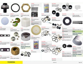 PLOMERIA
CUBRE FALTA SHOWER
CFS
FILTRO SALIDA 
MEZCLADORA
FSM
JUNTA DE MEZCLADORA 
DE FREGADERO
JMF
JUNTA DE MEZCLADORA 
DE LAVAMANOS
JML
O RING MEZCLADORA 
DELTA SET 4
ORMD4
SET ARANDELAS 
ABIERTA MEZCLADORA
SAAM
SET ARANDELAS 
CERRADA MEZCLADORA
SACM
TUERCA MEZ FLEXIBLE
TMA
TUERCA METAL FIJAR 
MEZ
TMFM
TUERCA MEZ FLEXIBLE 
PLAST
TMFP
TUERCA MEZCLADORA 
METAL FLEXI
TMMF
PIEZAS ZAPATILLAS 
Y REP KIT
KIT ZAPATILLA LLAVE 
DELTA
164993
CAJITA ZAPATILLAS 
CONICAS
CZC
CAJITA ZAPATILLAS 
PLANAS
CZP
DAFRAGMA VALVULA 
SALIDA DELTA
DVSD
PIPE REPAIR 1
PR1
PIPE REPAIR 1 1/4 A 3
PR114
MASTER REPAIR KIT 
DELTA
RK133428
REPAIR KIT D‐7
RK133063
REPAIR KIT HANDE 
DELTA ORIGINAL
RK133463
REPAIR KIT HANDE 
DELTA ORIGINAL
RK133465
REPAIR KIT 
MEZCLADORA DELTA
RK133467
REPAIR KIT
RK133587
REPAIR KIT D 12
RK133705
REPAIR KIT
RK133706
REPAIR KIT
RK133720
SAPATILLA 0
S0
SAPATILLA 00
S00
SAPATILLA 3/8
S38
SAPATILLA FLAT 1/2
ZF12
SAPATILLA PLANA 1/4
SP14
SAPATILLA CONICA 00
SC00
SAPATILLA CONICA 1/4
SC14
SLOAN VACUMM 
BREAKER REPAIR KIT
SVB
ZAPATILLA PLANA 1/2
ZP12
PVC
ADAPTER HEMBRA 
SANITARIO
ADAP PVC 3 HEMBRA 
SANITARIO
AHPVC3
ADAP PVC 4 HEMBRA 
SANITARIO
AHPVC4
ADAPTER HEMBRA 
SCH 80
PLOMERIA Page 45916‐Feb‐12
 