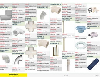 PLOMERIA
CODO PVC 4 SCH40
COS404
CODOS NIPLES
CODO NIPLE PVC 1
CNPPVC1
CODO NIPLE PVC 1 1/2
CNPPVC112
CODO NIPLE PVC 1 1/4
CNPPVC114
CODO NIPLE PVC 1/2
CNPPVC12
CODO NIPLE PVC 2
CNPPVC2
CODO NIPLE PVC 3
CNPPVC3
CODO NIPLE PVC 3/4
CNPPVC34
CODO NIPLE PVC 4
CNPPVC4
CODOS ROSCA 
HEMBRA
CODO PVC 1 1/2 
HEMBRA
COPVCCR112
CODO PVC 1 1/4 
HEMBRA
COPVCCR114
CODO PVC 1 HEMBRA
CPVCR1
CODO PVC 1/2 HEMBRA
COPVCCR12
CODO PVC 2 HEMBRA
COPVCCR2
CODO PVC 3/4 HEMBRA
CPVCR34
CODOS ROSCA 
MACHO
CODO NIPLE ROSCA 
MACHO 1 1/2
CNRPVC112
CODO NIPLE ROSCA 
MACHO 1/2
CNRPVC12
CODO NIPLE ROSCA 
MACHO 3/4
CNRPVC34
CODOS SANITARIOS
CODO PVC 1 1/2 
SANITARIO
COPVC112
CODO PVC 2 SANITARIO
COPVC2
CODO PVC 3 SANITARIO
COPVC3
CODO PVC 4 SANITARIO
COPVC4
CODO PVC 6 SANITARIO
COPVC6
CRUZ PVC 
SANITARIO
CRUZ PVC 1 1/2 
SANITARIO
CRPVC112
CRUZ PVC 2 SANITARIO
CRPVC2
CRUZ PVC 3 SANITARIO
CRPVC3
CRUZ PVC SCH 40
CRUZ PVC 1 SCH40
CRPVC1
CRUZ PVC 1/2 SCH40
CRPVC12
CRUZ PVC 3/4 SCH40
CRPVC34
CRUZ PVC 4 SANITARIO
CRPVC4
CURVA NIPLE PVC
CURVA NIPLE PVC 1 1/2
CUNPVC112
CURVA NIPLE PVC 2
CUNPVC2
CURVA NIPLE PVC 3
CUNPVC3
CURVA NIPLE PVC 4
CUNPVC4
CURVA PVC 
SANITARIO
CURVA PVC 1 1/2 
SANITARIO
CUPVC112
CURVA PVC 1 1/4 
SANITARIO
CUPVC114
CURVA PVC 2 SANITARIO
CUPVC2
CURVA PVC 3 SANITARIO
CUPVC3
CURVA PVC 4 SANITARIO
CUPVC4
CURVA PVC SCH 40
CURVA PVC 1 1/2 SCH40
CUPVC112S40
CURVA PVC 1 1/4 SCH40
CUPVC114S40
CURVA PVC 1 SCH40
CUPVC1S40
CURVA PVC 1/2 SCH40
CUPVC12S40
CURVA PVC 2 SCH40
CUPVC2S40
CURVA PVC 3 SCH40
CUPVC3S40
CURVA PVC 3/4 SCH40
CUPVC34S40
EXTENCION PVC
EXT PVC 1 1/2 X  6
ES1126
EXT PVC 1 1/2 X  8
ES1128
EXT PVC 1 1/2 X 10
ES11210
EXT PVC 1 1/2 X 12
ES11212
EXT PVC 1 1/4 X  6
EPVC1146
EXT PVC 1 1/4 X  8
EPVC1148
EXT PVC 1 1/4 X 10
EPVC11410
EXT PVC 1 1/4 X 12
EPVC11412
EXTENCION PVC 
CON TUERCA
EXT PVC 1 1/2 X 16 2 BLE 
TUERCA
EDS11216
EXT PVC 1 1/2 X 12 CON 
TUER
ES11212CT
EXTENCION PVC 
FLEXIBLE
EXT PVC 1 1/2 X 12 FLE 
DIREC
EPVC11212FD
EXT PVC 1 1/2 X 12 FLE 
SLIP
EPVC11212F
EXT PVC 1 1/4 X 8 FLEX
EF1148
EXT PVC 1 1/4 X 9 
FLEXIBLE
EPVC1149
FLANGES
FLANGE PVC 3 HEMBRA
FHPVC3
FLANGE DE INODORO 
PVC PARA PISO
FIPVCP
FLANGE PVC 3 MACHO
FMPVC3
FLANGE PVC 3 MACHO 
ROSCA
FPVCCR
FLANGE PVC 4
FPVC4
FLANGE URINAL PVC 2 
HEMBRA
FUHP2
FLANGE URINAL PVC 2 
MACHO
FUMP2
INCORPORACION A 
PVC
BRACKET 
INCORPORACION PVC 3
BIPVC3
INCORPORACION PVC 3 
A 2
IPVC32
INCORPORACION PVC 4 
A 2
IPVC42
NIPLE PVC
PLOMERIA Page 46116‐Feb‐12
 
