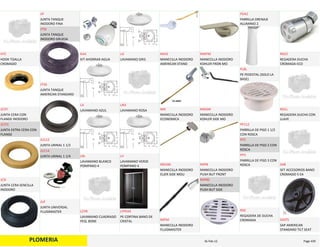 PLOMERIA
HOOK TOALLA 
CROMADO
HTC
JUNTA CERA CON 
FLANGE INODORO
JCCFI
JUNTA EXTRA CERA CON 
FLANGE
JCCFE
JUNTA CERA SENCILLA 
INODORO
JCSI
JUNTA TANQUE 
INODORO FINA
JIF
JUNTA TANQUE 
INODORO GRUESA
JTIG
JUNTA TANQUE 
AMERICAN STANDARD
JTAS
JUNTA URINAL 1 1/2
JU112
JUNTA URINAL 1 1/4
JU114
JUNTA UNIVERSAL 
FLUIDMASTER
JUF
KIT AHORRAR AGUA
KAA
LAVAMANO AZUL
LA
LAVAMANO BLANCO 
POMPANO 4
LBL
LAVAMANO CUADRADO 
PEQ. BONE
LCPB
LAVAMANO GRIS
LG
LAVAMANO ROSA
LRO
LAVAMANO VERDE 
POMPANO 4
LV
PE CORTINA BANO DE 
CRISTAL
LYP034
MANECILLA INODORO 
AMERICAN STAND
MIAS
MANECILLA INODORO 
ECONOMICA
MIE
MANECILLA INODORO 
ELJER SIDE MOU
MIESM
MANECILLA INODORO 
FLUIDMASTER
MIFM
MANECILLA INODORO 
KOHLER FRON MO
MIKFM
MANECILLA INODORO 
KOHLER SIDE MO
MIKSM
MANECILLA INODORO 
PUSH BUT FRONT
MIPB
MANECILLA INODORO 
PUSH BUT SIDE
MIPBS
PARRILLA DRENAJE 
ALUMINIO 2
PDA2
PE PEDESTAL (SOLO LA 
BASE)
PLBL
PARRILLA DE PISO 1 1/2 
CON ROSCA
PP112
PARRILLA DE PISO 2 CON 
ROSCA
PP2
PARRILLA DE PISO 3 CON 
ROSCA
PP3
REGADERA DE DUCHA 
CROMADA
RDC
REGADERA DUCHA 
CROMADA ECO
RDCE
REGADERA DUCHA CON 
LLAVE
RDCL
SET ACCESORIOS BANO 
CROMADO 5 EA
SAB
SAP AMERICAN 
STANDARD TILT SEAT
SASTS
PLOMERIA Page 43916‐Feb‐12
 