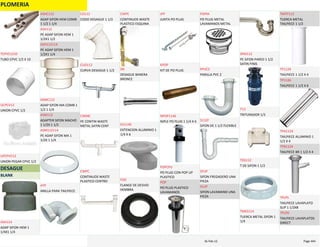 PLOMERIA
TUBO CPVC 1/2 X 10
TCPVC1210
UNION CPVC 1/2
UCPCV12
UNION PEGAR CPVC 1/2
UPCPVC12
DESAGUE
BLANK
ADAP SIFON HEM 1 
1/4X1 1/4
ASH114
ADAP SIFON HEM COMB 
1 1/2 1 1/4
ASHC112
PE ADAP SIFON HEM 1 
1/2X1 1/2
ASH112
PE ADAP SIFON HEM 1 
1/2X1 1/4
ASH112114
ADAP SIFON MA COMB 1 
1/2 1 1/4
ASMC112
ADAPTER SIFON MACHO 
1 1/2X 1 1/2
ASM112
PE ADAP SIFON MA 1 
1/2X 1 1/4
ASM112114
ANILLA PARA TAILPIECE
ATP
CODO DESAGUE 1 1/2
CD112
CURVA DESAGUE 1 1/2
CUD112
PE CONTIN WASTE 
METAL SATIN CENT
CWMC
CONTINUOS WASTE 
PLASTICO CENTRO
CWPC
CONTINUOS WASTE 
PLASTICO ESQUINA
CWPE
DESAGUE BANERA 
BRONCE
DB
EXTENCION ALUMINIO 1 
1/4 X 6
EA1146
FLANGE DE DESVIO 
HEMBRA
FDD
JUNTA PO PLUG
JPP
KIT DE PO PLUG
KPOP
NIPLE PO PLUG 1 1/4 X 6
NPOP1146
PO PLUG CON POP UP 
PLASTICO
POPCPU
PO PLUG PLASTICO 
LAVAMANOS
POP
PO PLUG METAL 
LAVAMANOS METAL
POPM
PARILLA PVC 2
PPVC2
SIFON DE 1 1/2 FLEXIBLE
S112F
SIFON FREGADERO UNA 
PIEZA
SFUP
SIFON LAVAMANO UNA 
PIEZA
SLUP
PE SIFON PARED 1 1/2 
SATIN FINIS
SPM112
TRITURADOR 1/3
T13
T DE SIFON 1 1/2
TDS112
TUERCA METAL SIFON 1 
1/4
TMES114
TUERCA METAL 
TAILPIECE 1 1/2
TMTP112
TAILPIECE 1 1/2 X 4
TP1124
TAILPIECE 1 1/2 X 6
TP1126
TAILPIECE ALUMINIO 1 
1/2 X 4
TPA1124
TAILPIECE BR 1 1/2 X 4
TPB1124
TAILPIECE LAVAPLATO 
SLIP 1 1/2X8
TPLPS
TAILPIECE LAVAPLATOS 
DIRECT
TPLPD
PLOMERIA Page 44416‐Feb‐12
 